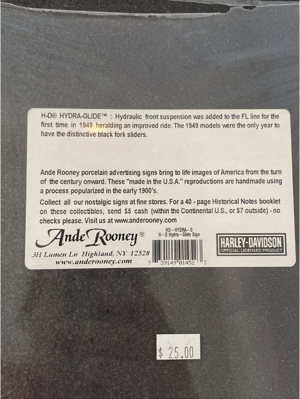 New! Vintage Harley Davidson Porcelain Enameled Metal Sign 2001 Ande Rooney: USA